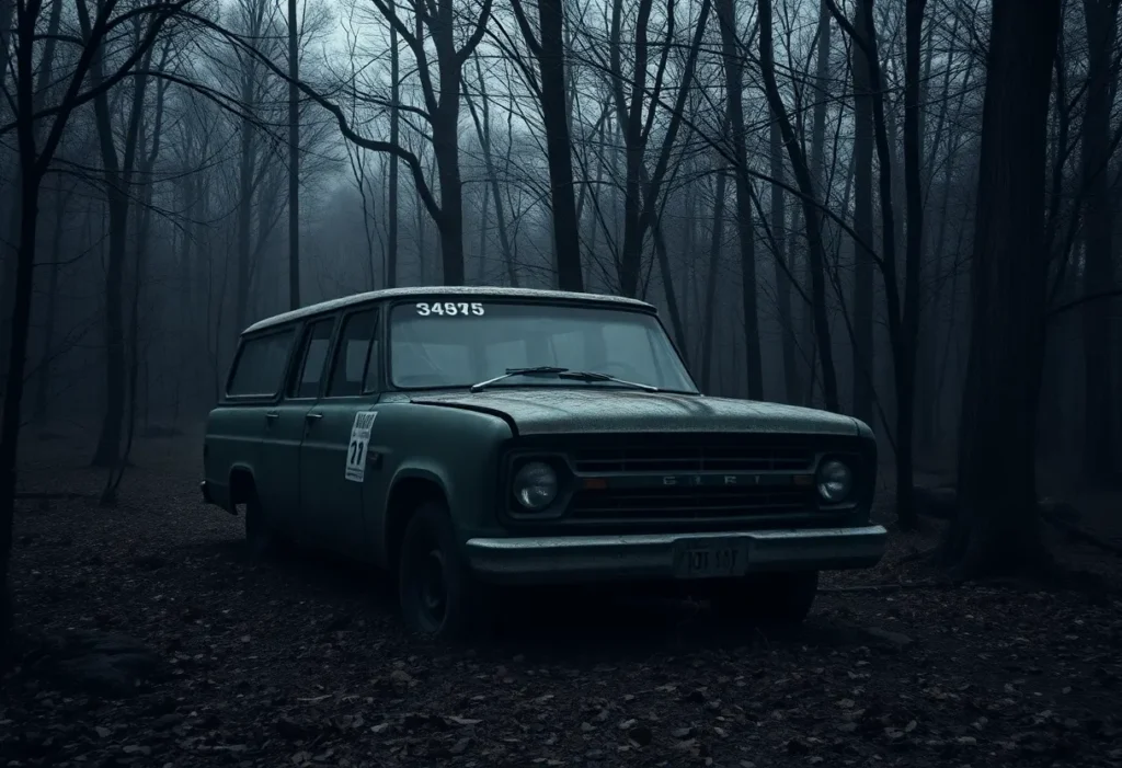 Image of an abandoned vehicle surrounded by trees