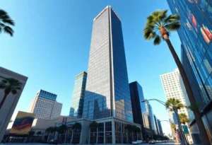Skyscraper in downtown Los Angeles with Banc of California logo