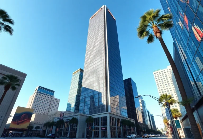 Skyscraper in downtown Los Angeles with Banc of California logo