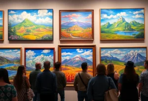 A vibrant collection of landscape paintings displayed at an auction