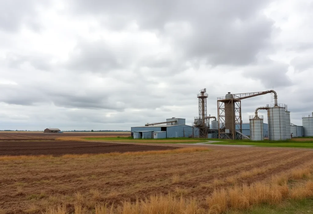 View of a deserted sugar processing plant in Brawley, California.