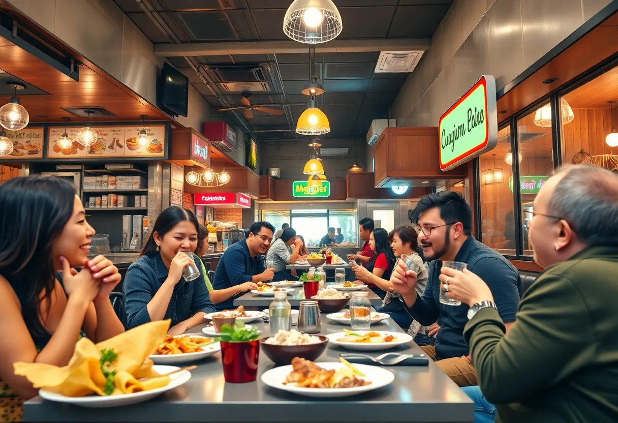 Happy diners enjoying affordable meals at a restaurant in Los Angeles.
