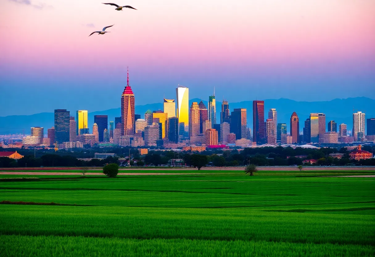 A panoramic view of California representing its economic achievements.