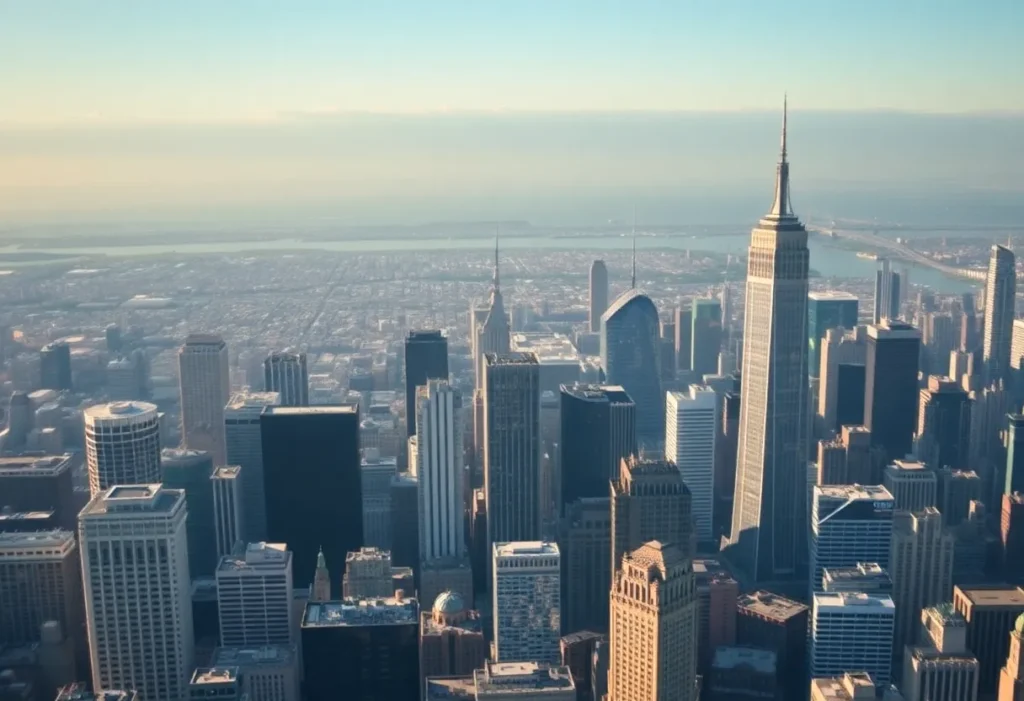 Aerial view of California and New York city skylines symbolizing economic stability.