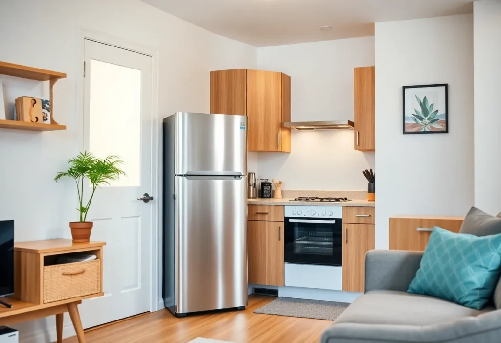 Modern rental apartment with refrigerator and stove