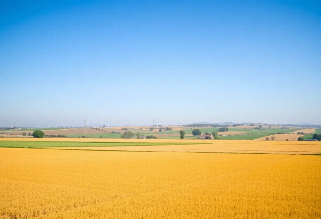 Drought-stricken California rice fields showing both dry and healthy areas