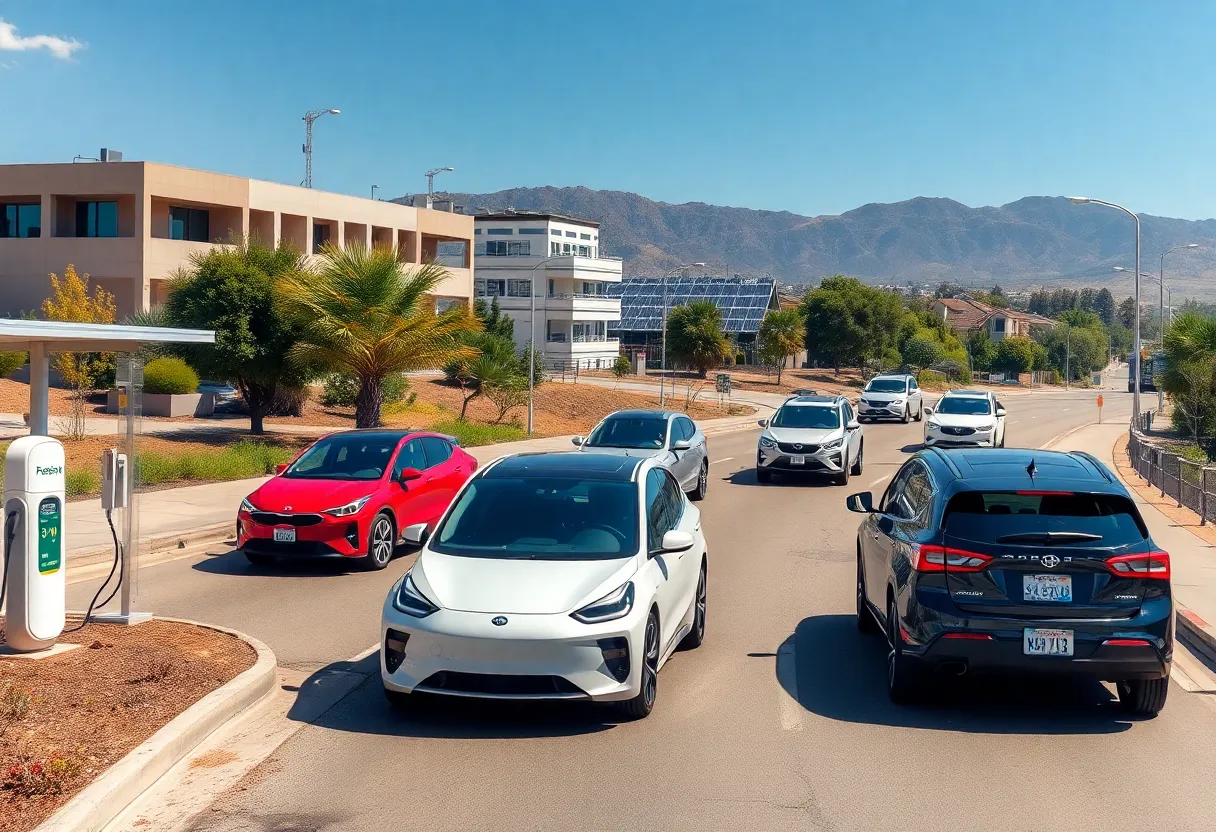 Various zero-emission vehicles parked near charging stations in California.