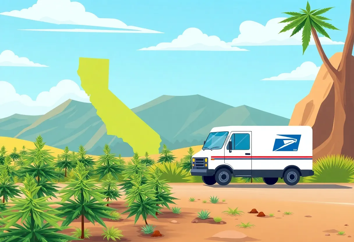 California landscape with cannabis plants and a delivery truck