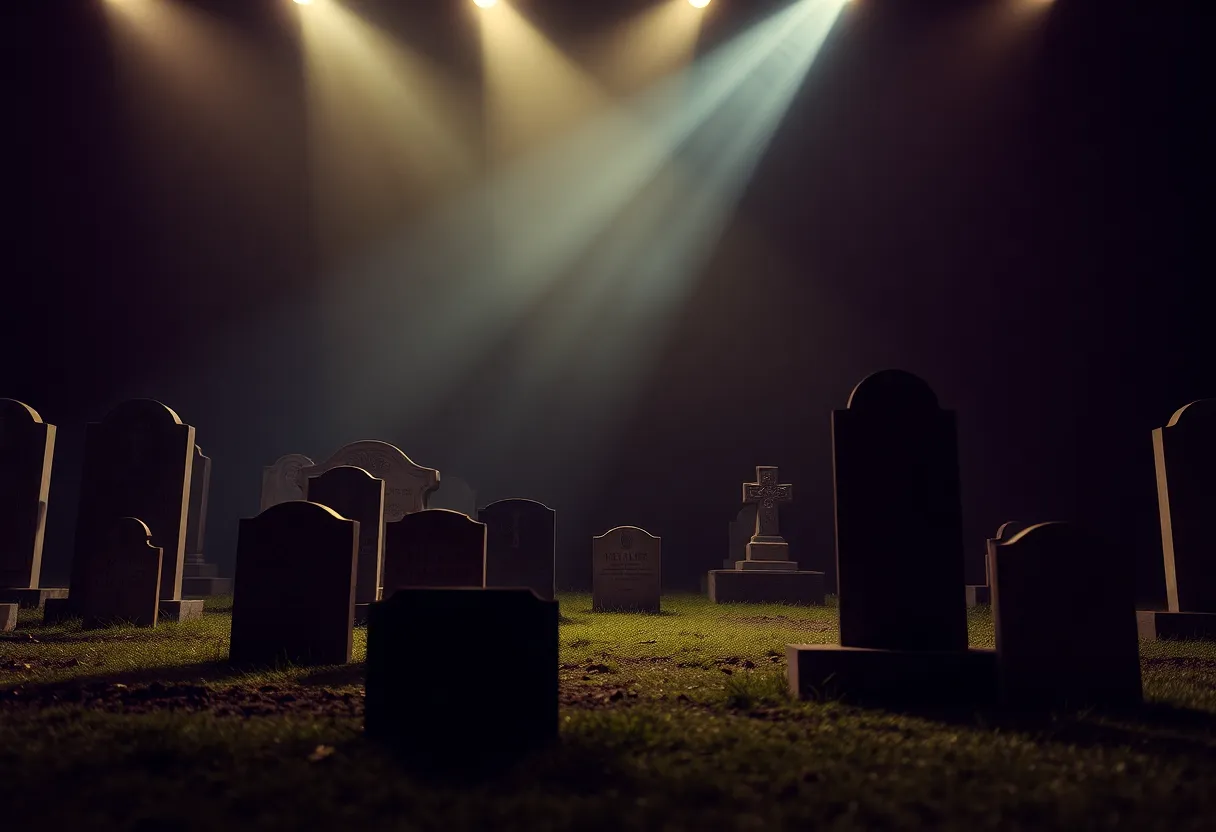A dramatic scene from the Cemetery Situations theater production set in a cemetery.