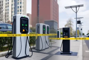 Image showing damaged EV charging stations and solar streetlights among urban scenery