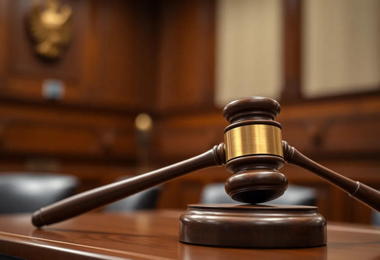 A gavel in a courtroom representing legal rulings.
