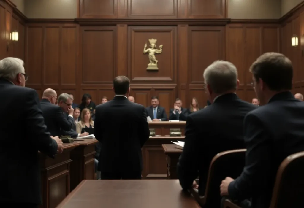 Courtroom scene depicting jury deliberations