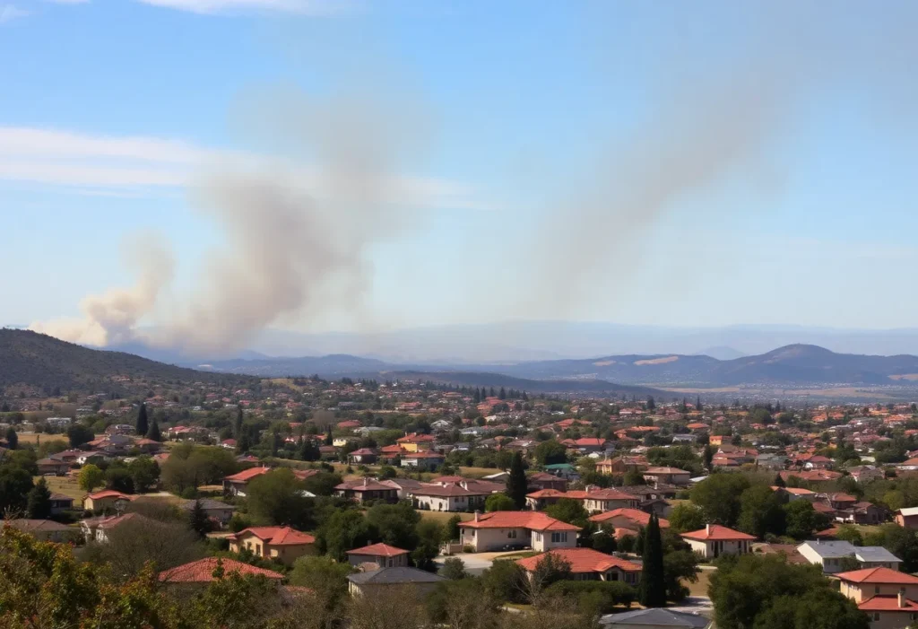A Southern California neighborhood with wildfire smoke in the distance, representing the need for wildfire insurance.