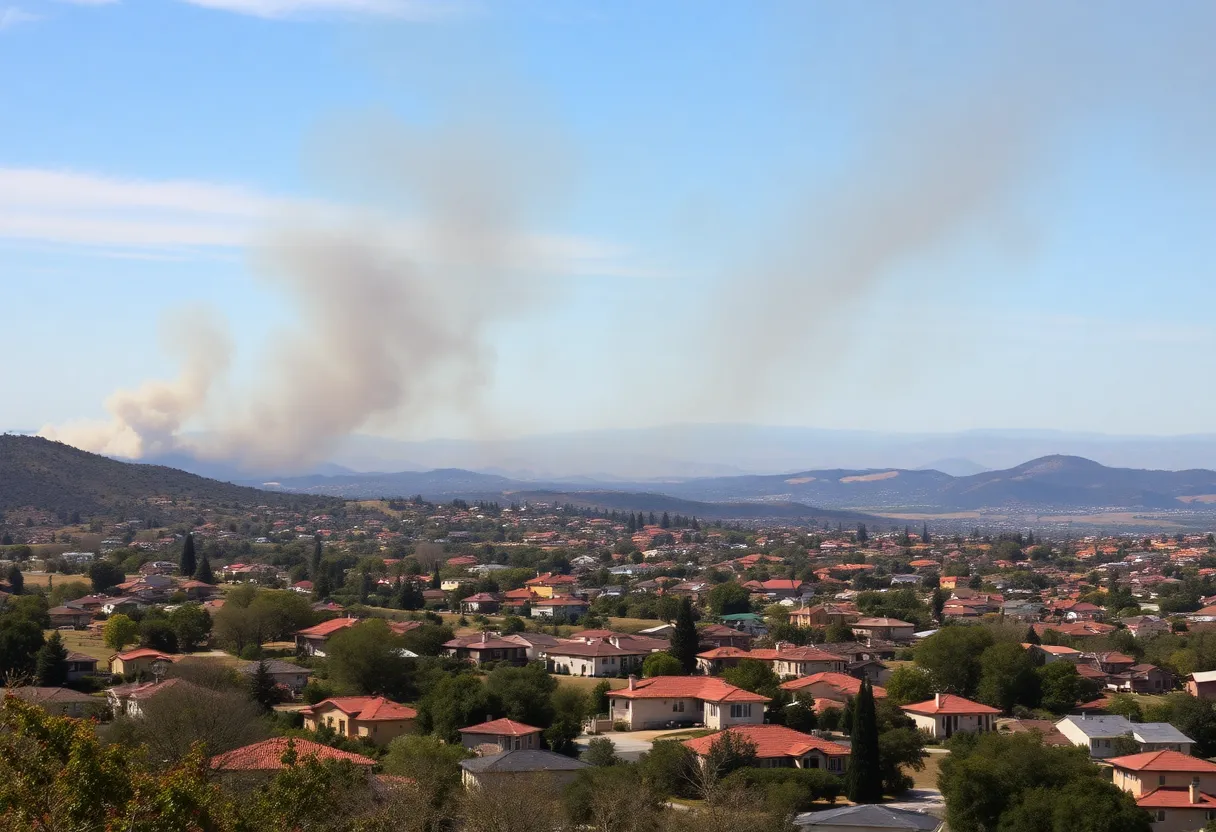 A Southern California neighborhood with wildfire smoke in the distance, representing the need for wildfire insurance.