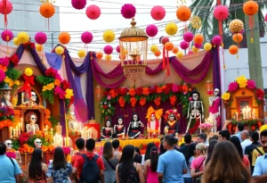 Colorful Día de los Muertos celebration with altars and attendees