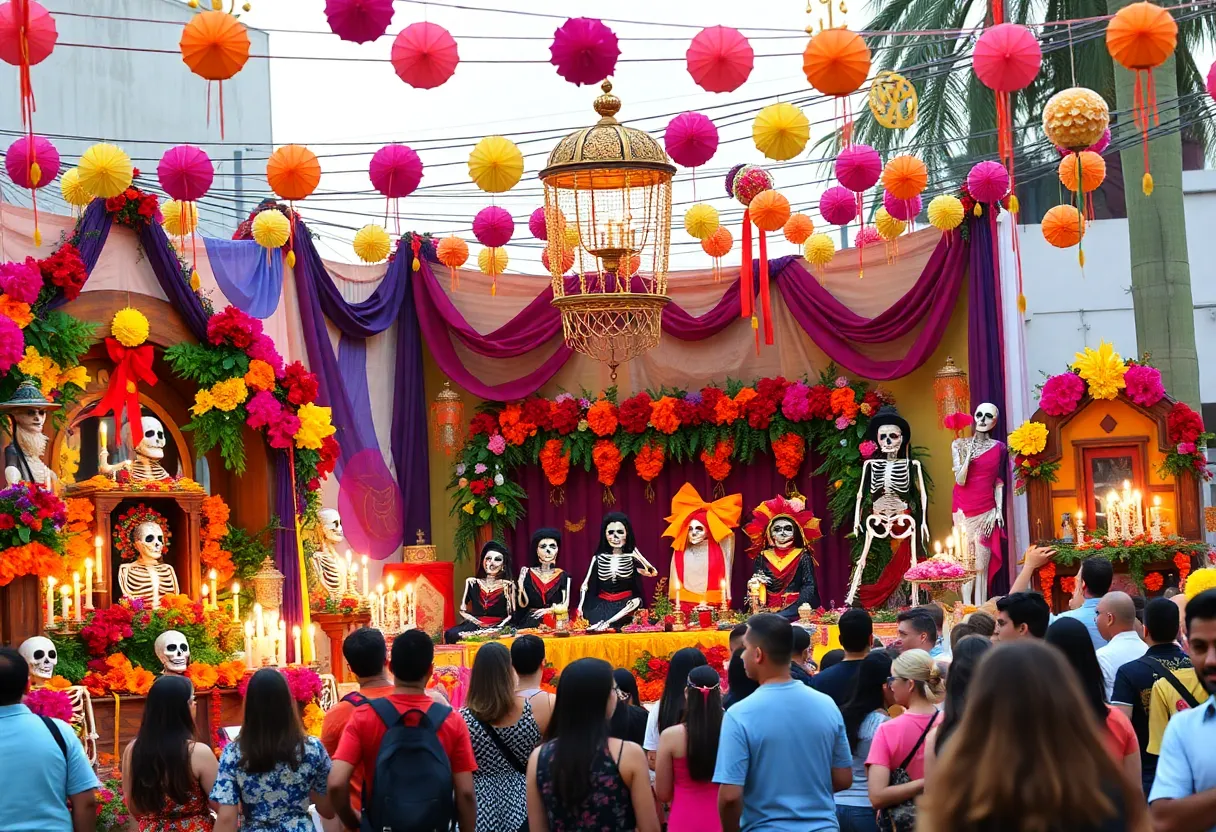 Colorful Día de los Muertos celebration with altars and attendees