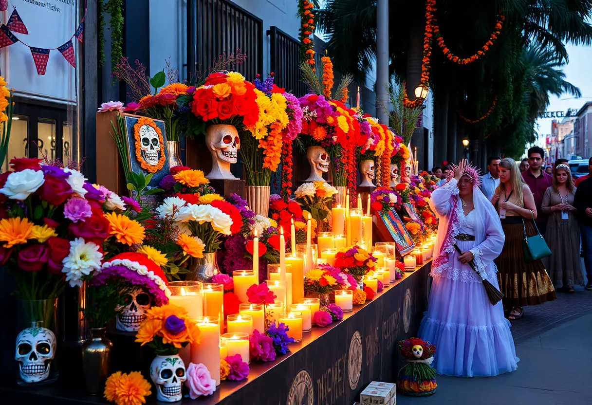Vibrant Día de los Muertos festival at Olvera Street with colorful altars