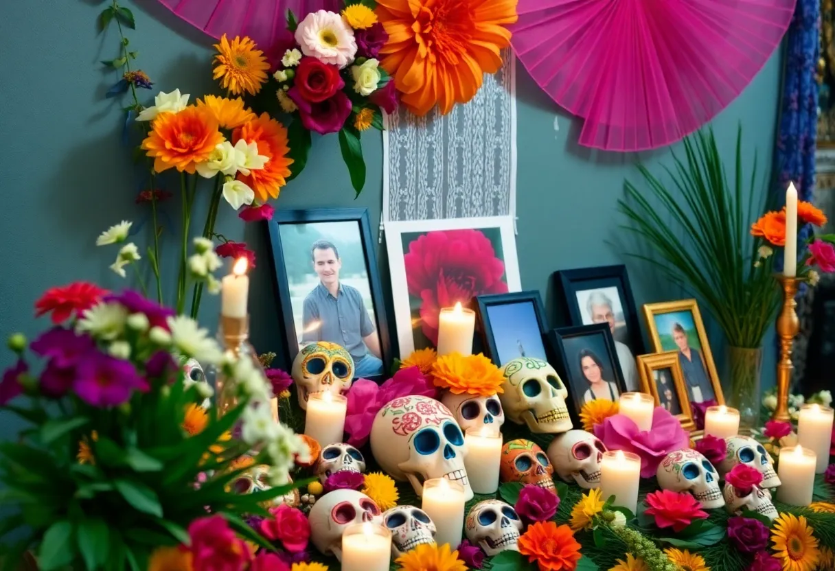 Vibrant Día de los Muertos altar with traditional decorations and candles