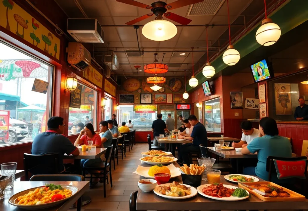 Interior of a restaurant with diverse cuisines in Los Angeles