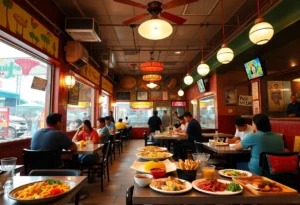 Interior of a restaurant with diverse cuisines in Los Angeles