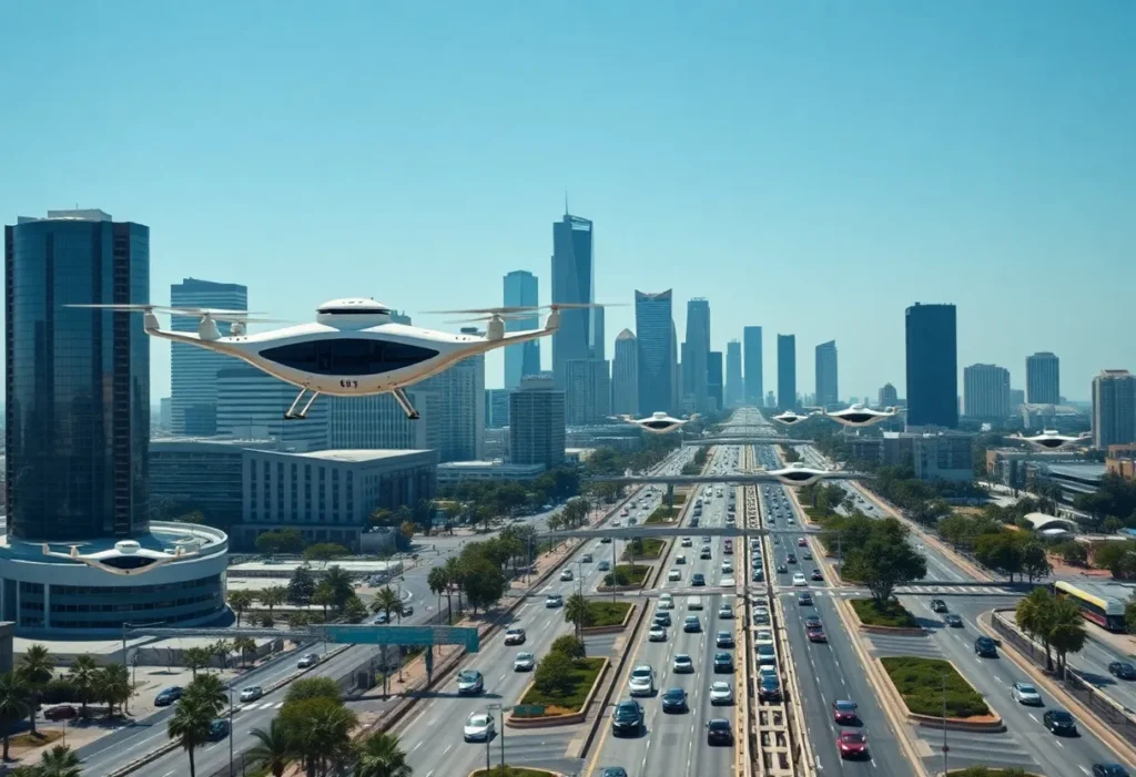 Futuristic electric air taxis taking off in Los Angeles