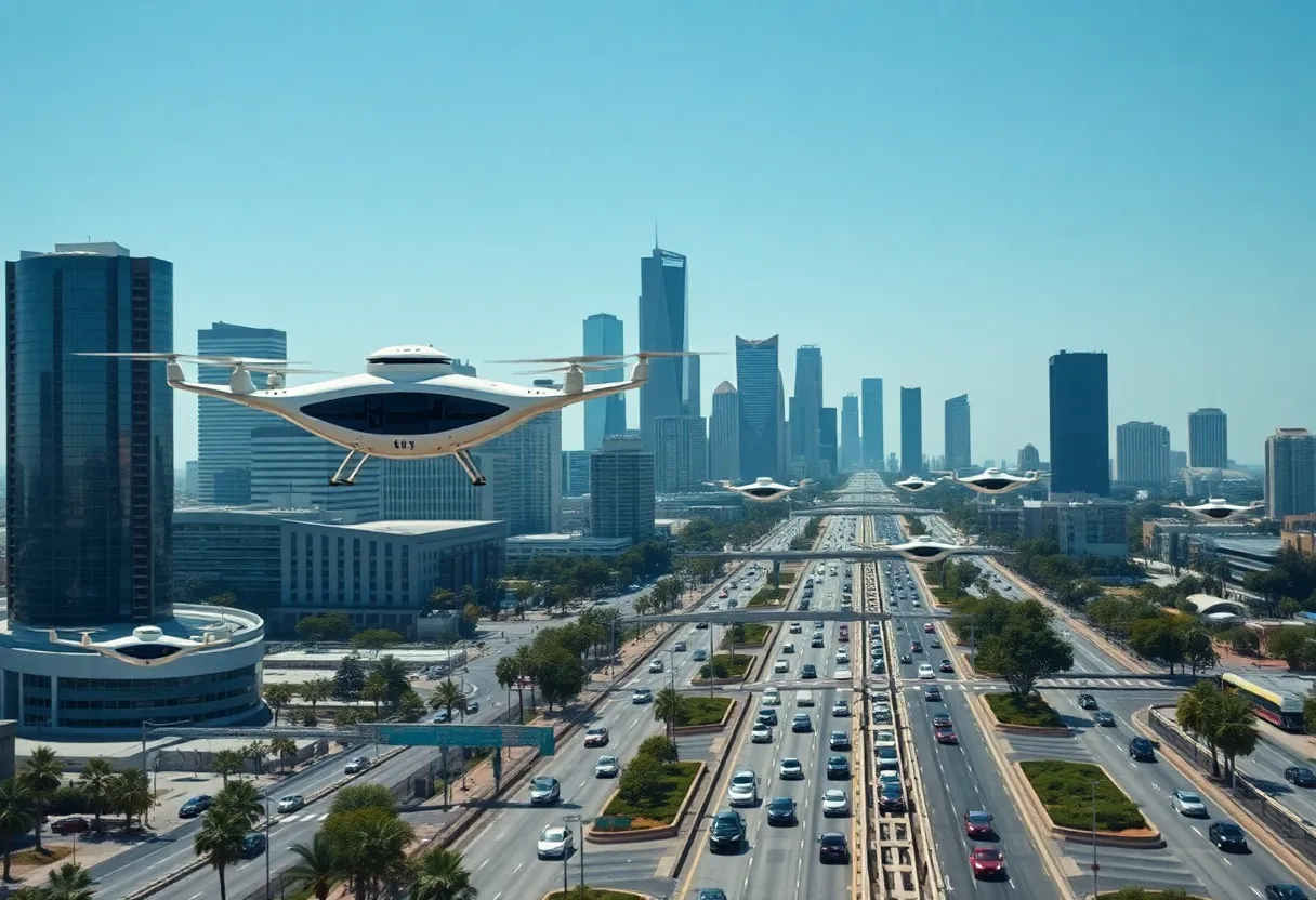 Futuristic electric air taxis taking off in Los Angeles