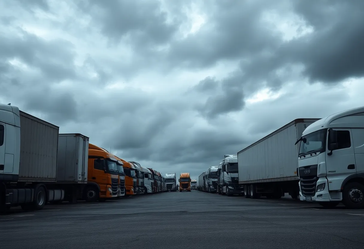 Trucking yard with parked trucks, illustrating industry challenges.