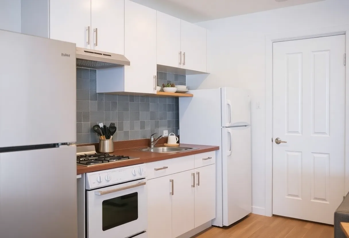Kitchen with refrigerator and stove in a rental apartment