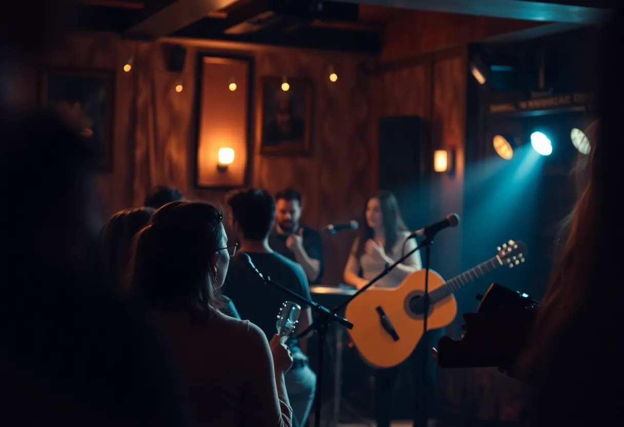 Image of a cozy and intimate concert setting with fans enjoying live music.