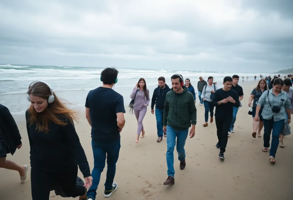 Participants of the Fleuria Audiobook Walking Club walking along Hermosa Beach with headphones.