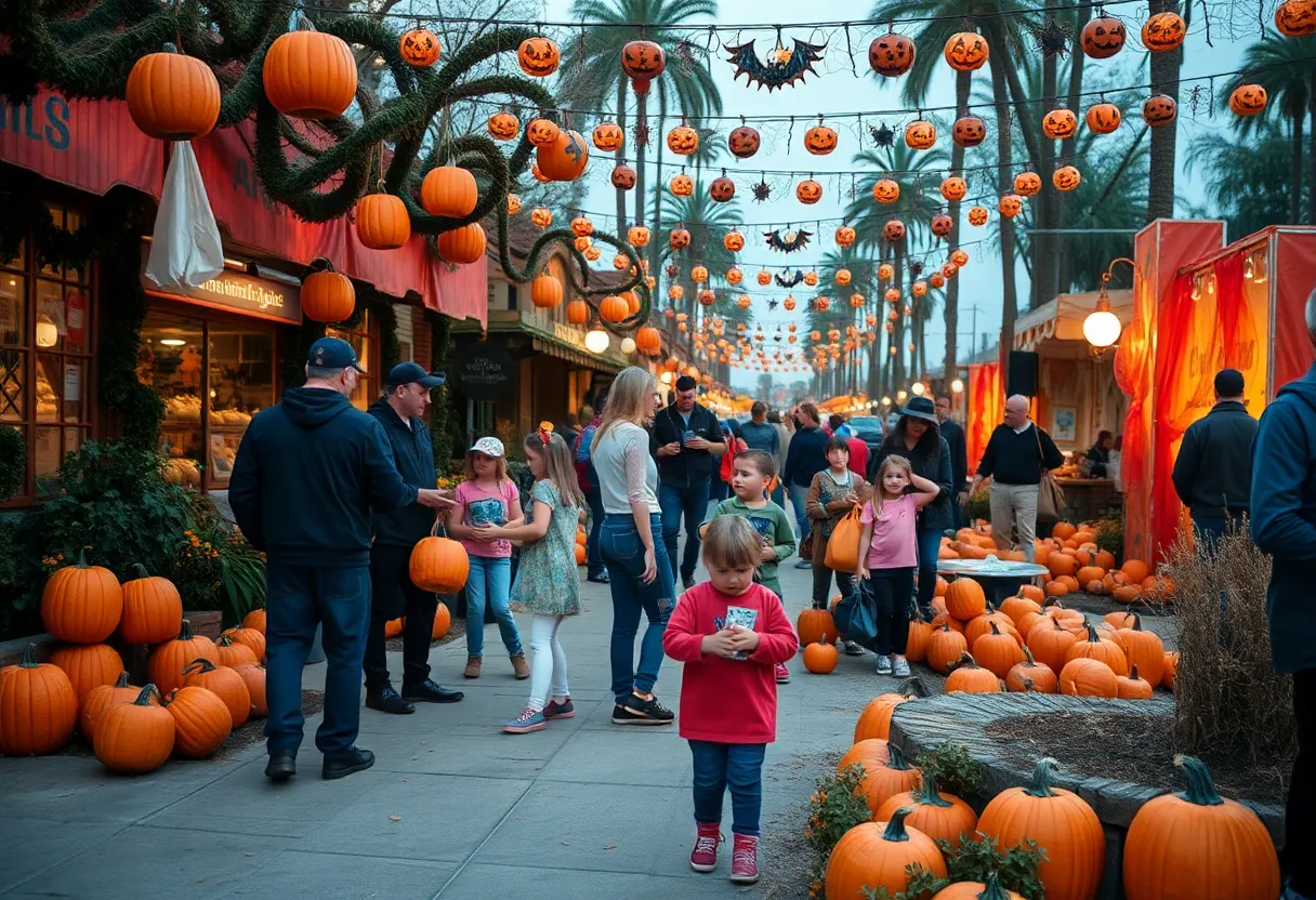 Families celebrating Halloween in Los Angeles with pumpkins and decorations.
