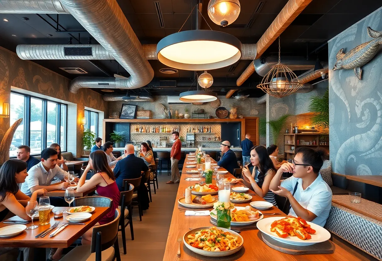Interior of Herringbone L.A. showcasing seafood dishes and diners in a vibrant atmosphere