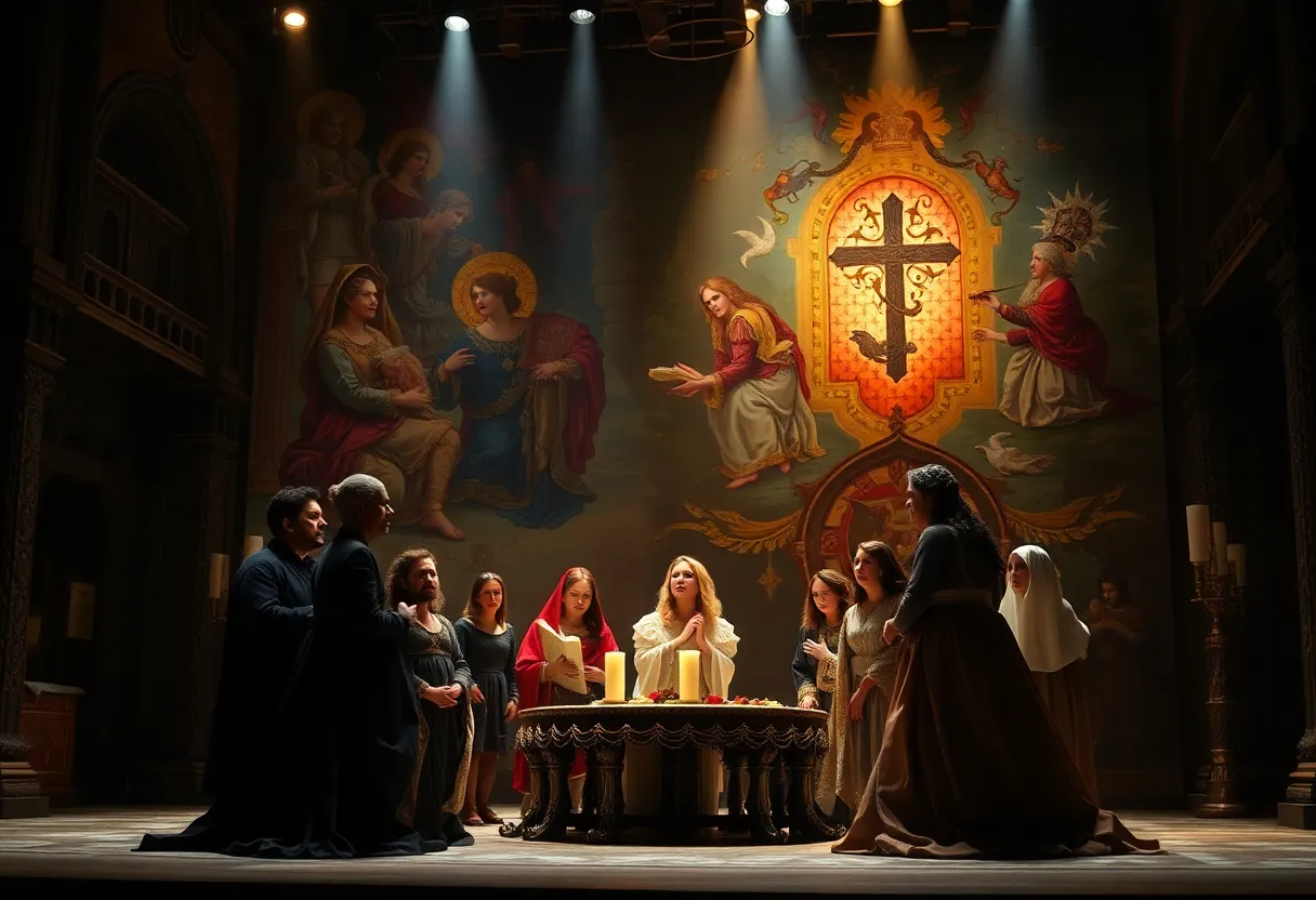 Set design for HILDEGARD opera showcasing medieval and contemporary elements.