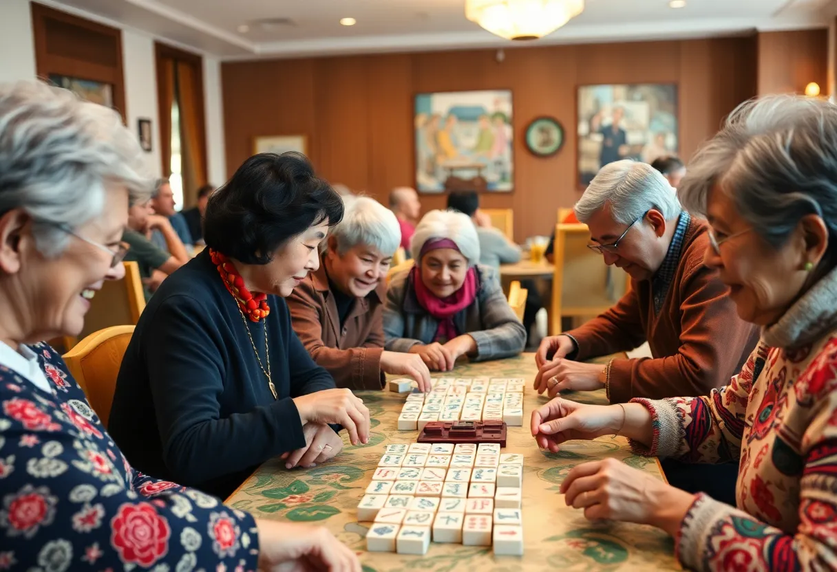 Participants of various ages playing mahjong at a community center