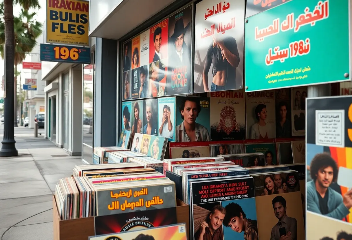 Colorful album covers of Iranian pop music from the 1980s and 90s displayed in a record store in Los Angeles.