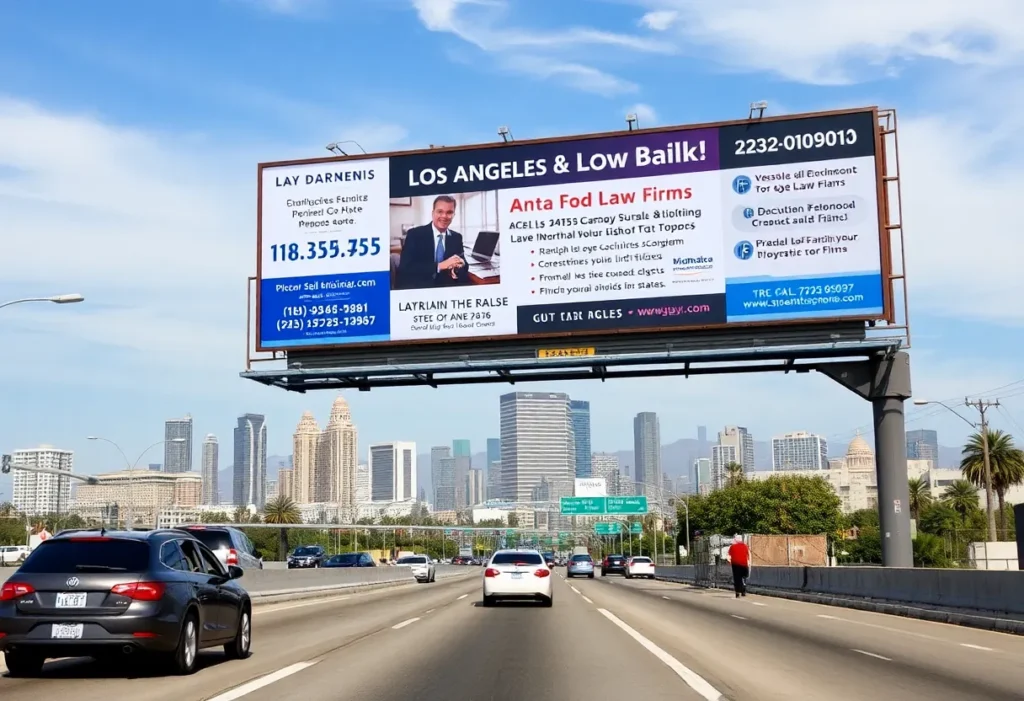 Billboards advertising legal services on a busy Los Angeles freeway