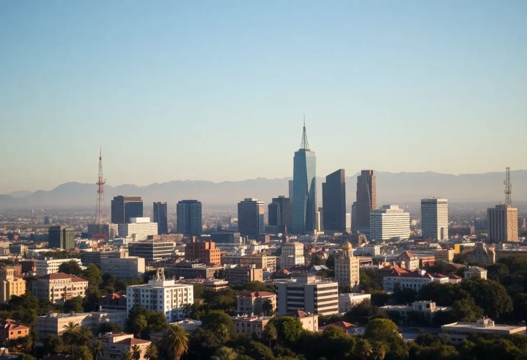 Los Angeles skyline depicting communication towers amid service disruptions