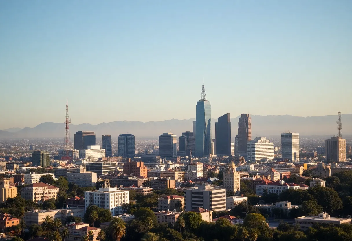Los Angeles skyline depicting communication towers amid service disruptions