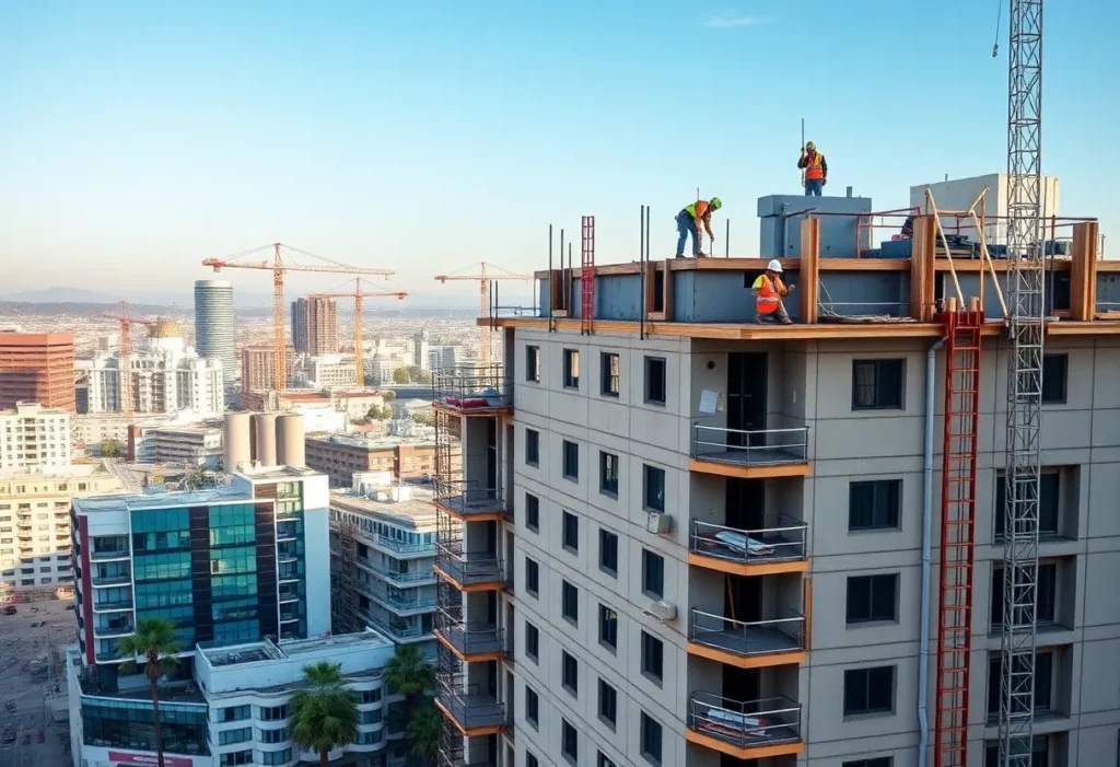 Construction workers on a site in Los Angeles with a skyline view.