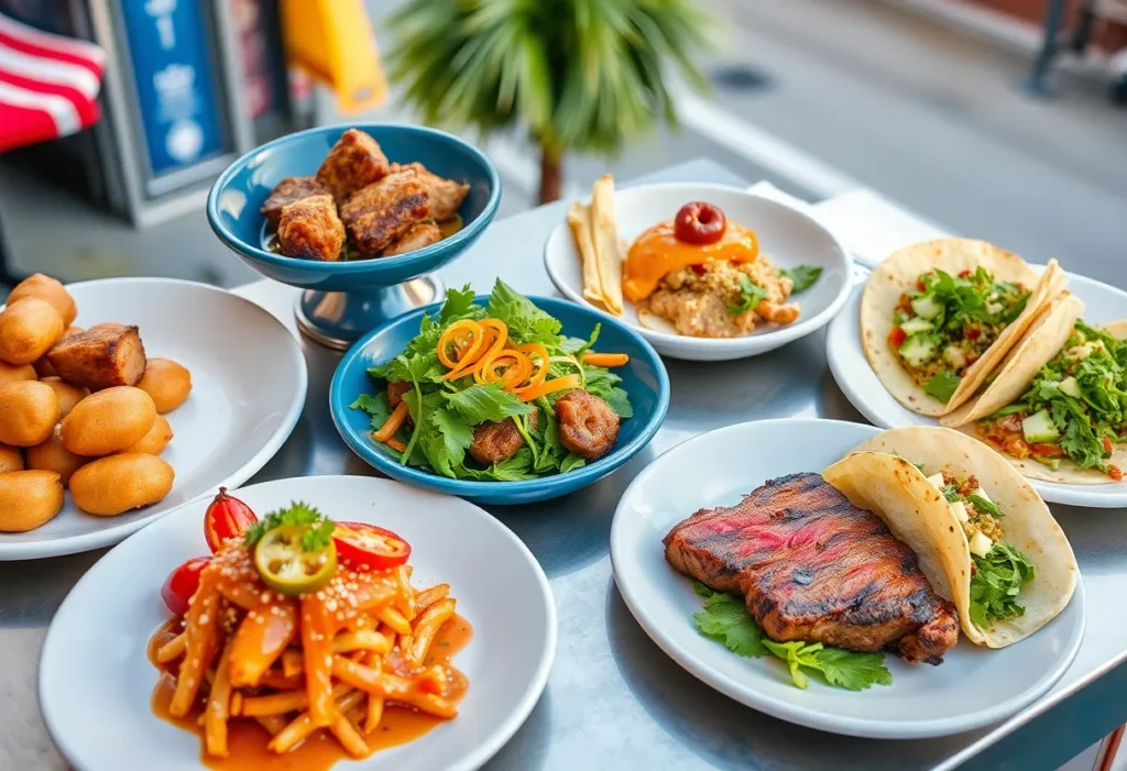 A collection of diverse dishes representing the culinary offerings of Los Angeles.