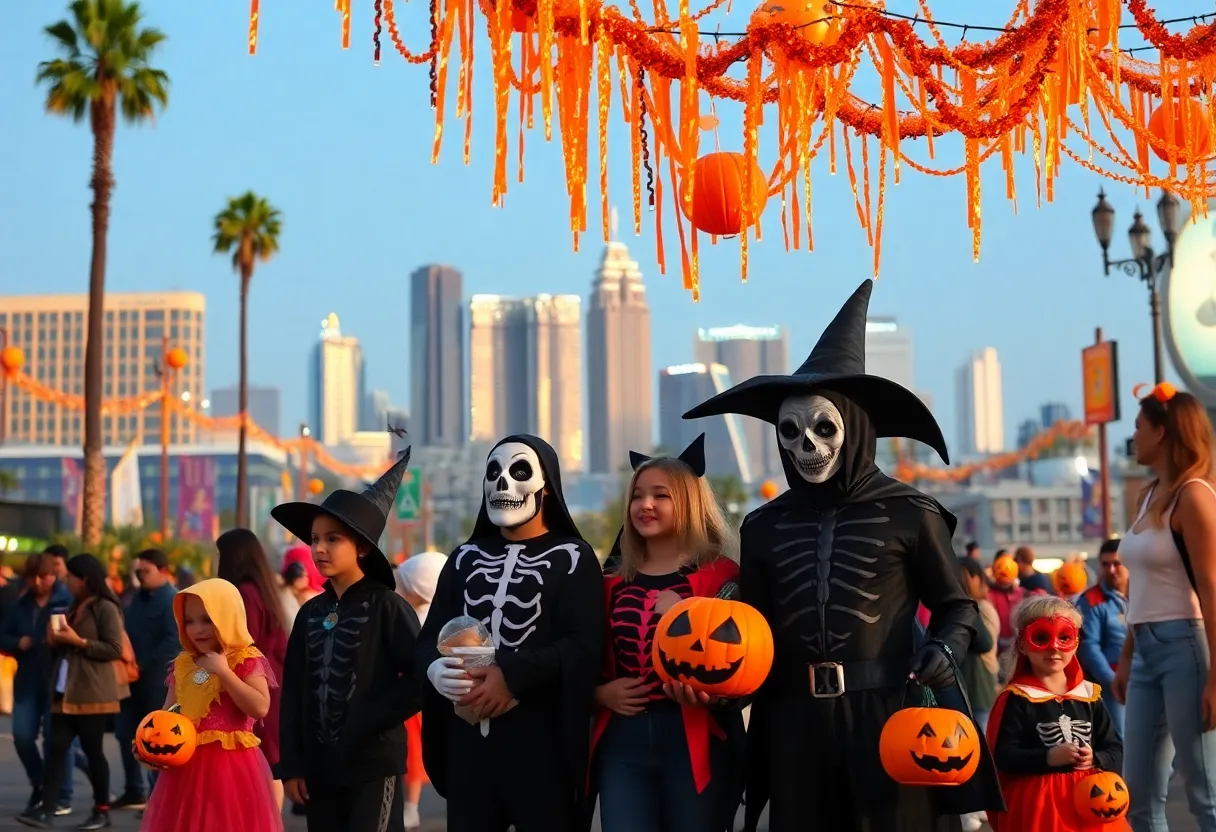 Families celebrating Halloween in Los Angeles with costumes and festive decorations.
