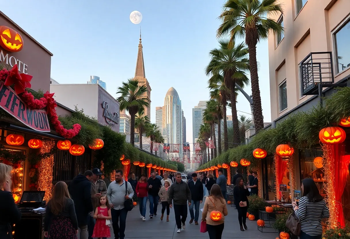 A festive Halloween celebration scene in Los Angeles