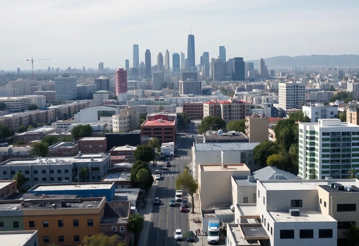 A city view of Los Angeles highlighting neighborhoods affected by homelessness