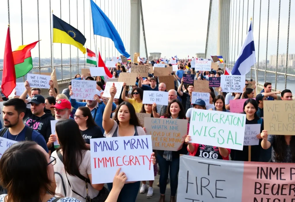 Protesters at a Los Angeles bridge rallying for immigrant rights