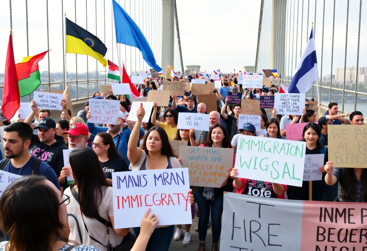 Protesters at a Los Angeles bridge rallying for immigrant rights