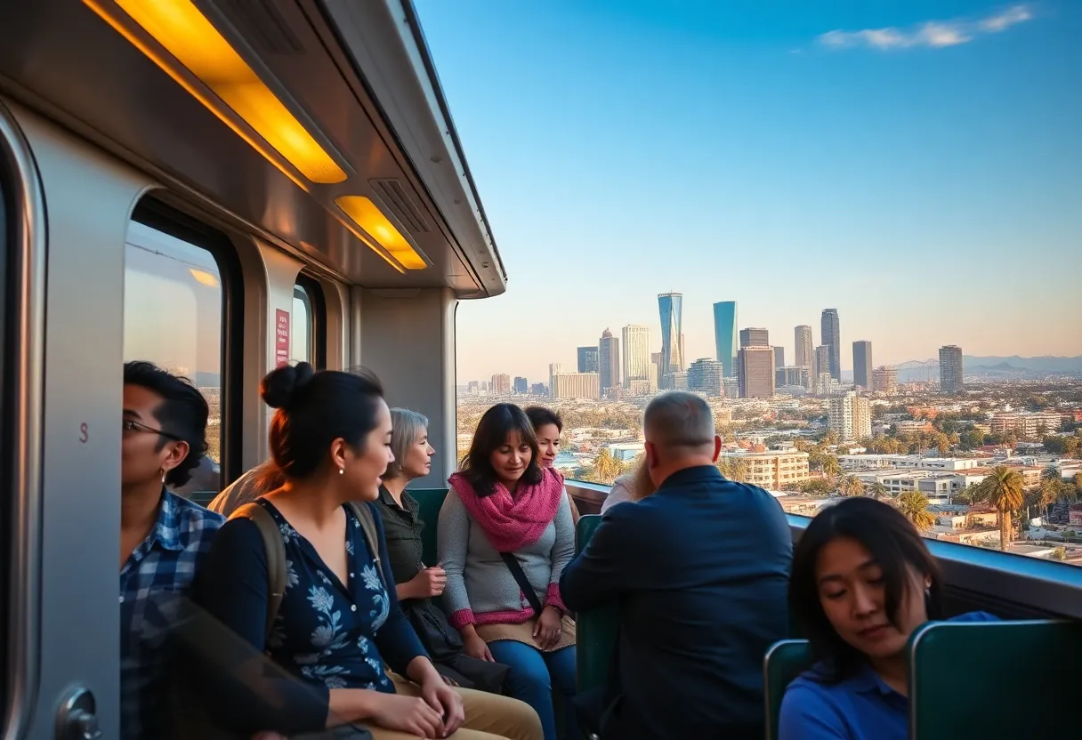 Passengers enjoying a ride on the Los Angeles Metro E Line while exploring cultural sites.