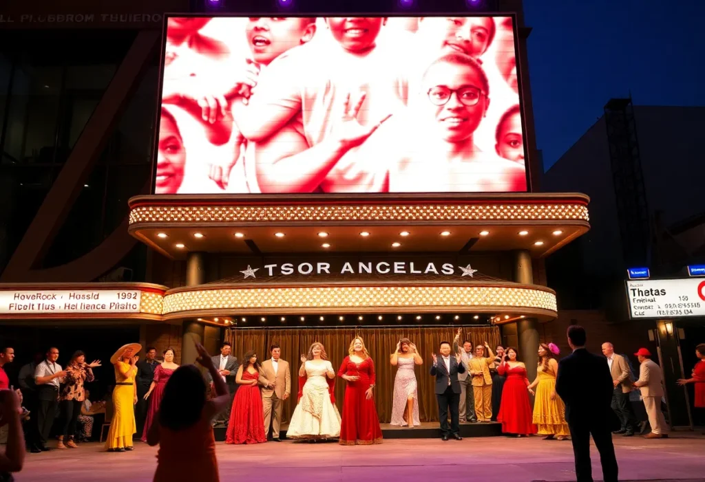 A colorful performance scene from a Los Angeles theater with diverse actors.