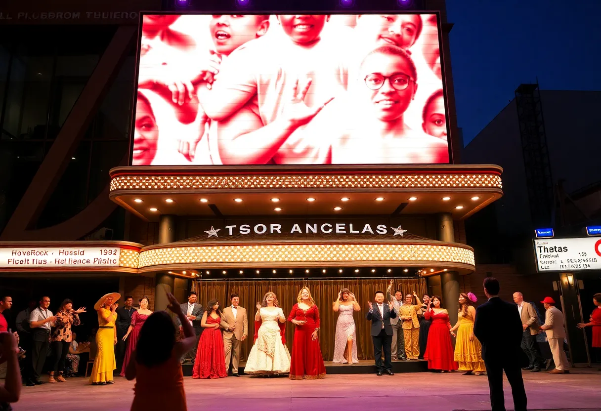 A colorful performance scene from a Los Angeles theater with diverse actors.
