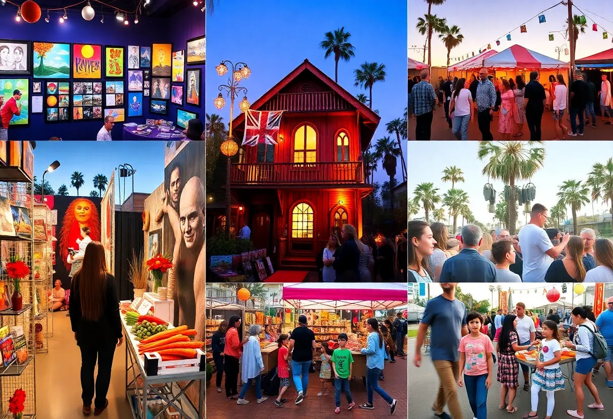 Collage of Los Angeles events including community market, art displays, and haunted house.