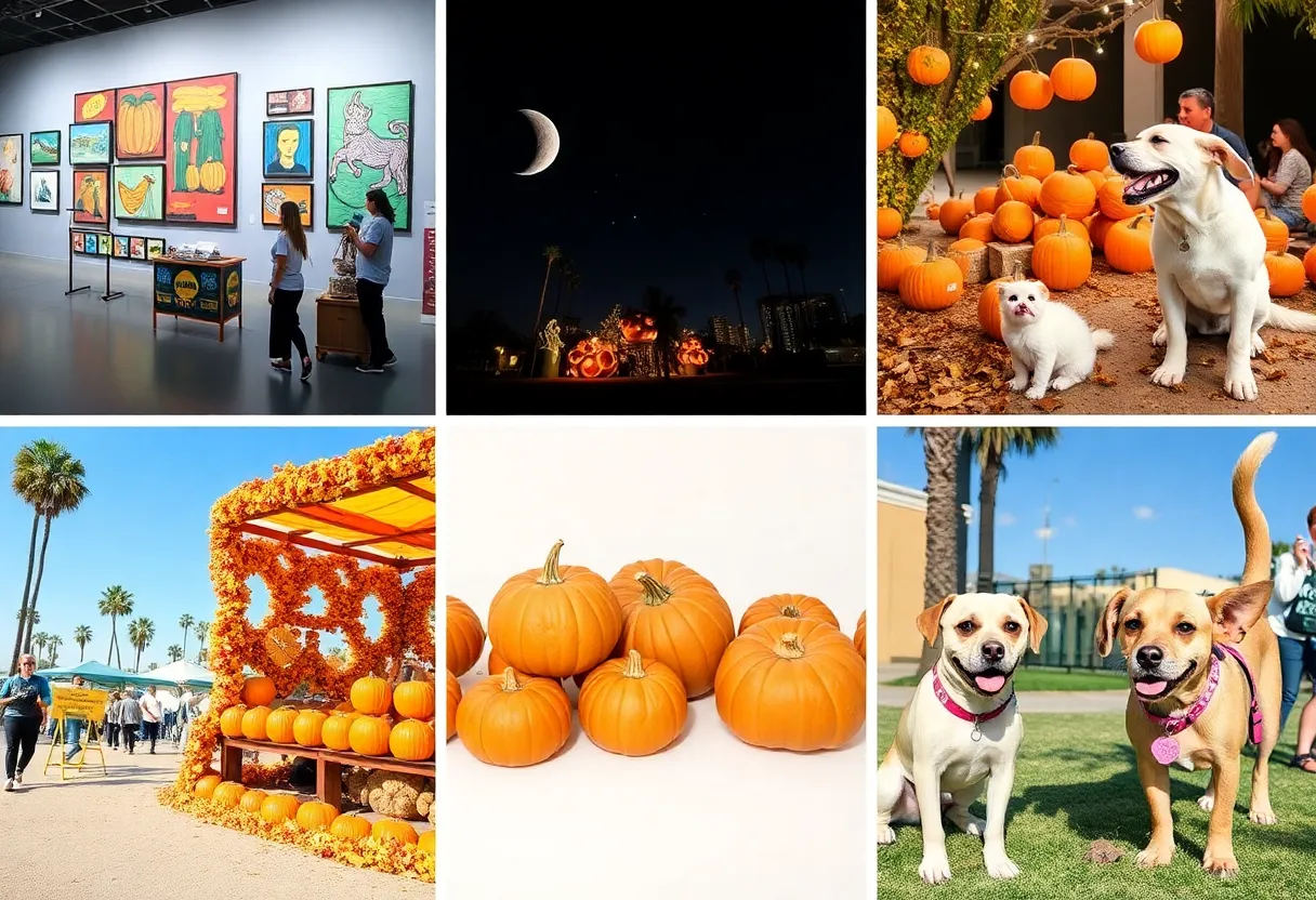 Collage of Los Angeles weekend events, featuring art, pumpkins, and pets